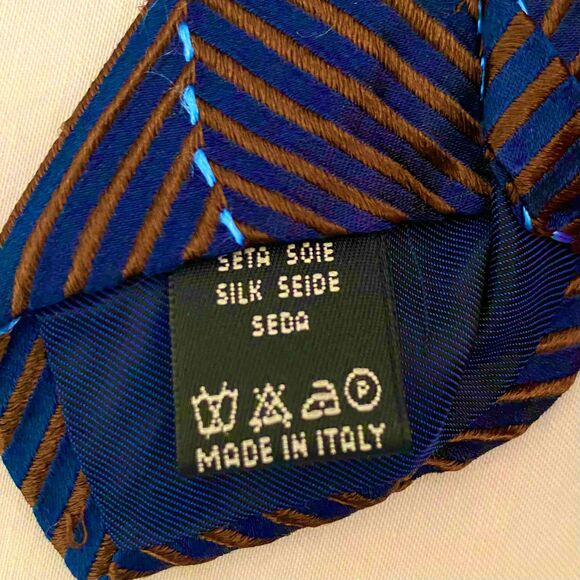 Valentino Italy Mens Neck Tie Brown Blue Ribbed Perpendicular Parallel Lines - Picture 5 of 5